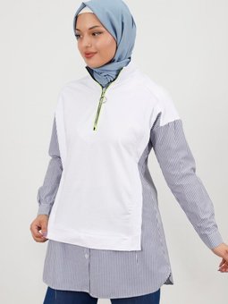 Beyaz Fermuar Detaylı Gömlek Garnili İplik Kumaş Sweatshirt