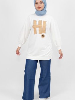 Beyaz Taş Ve Yazı Detaylı İplik Kumaş Sweatshirt