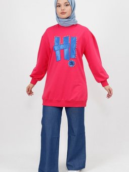 Fuşya Taş Ve Yazı Detaylı İplik Kumaş Sweatshirt