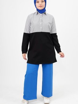 Siyah Gömlek Garnili Çizgili İplik Kumaş Sweatshirt