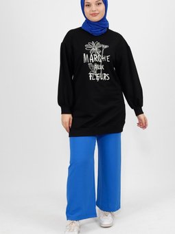 Siyah İnci Ve Nakış Detaylı İplik Kumaş Sweatshirt