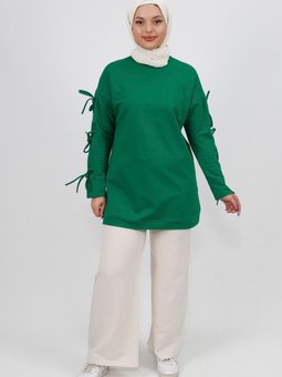 Yeşil Kolu Bağlama Detaylı İplik Kumaş Sweatshirt