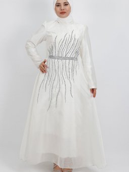 Beyaz Tül Kumaş Önü Taş Detaylı Abiye Elbise