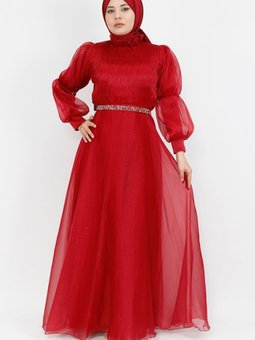 Bordo Dalya Kumaş Kemeri Taşlı Abiye Elbise