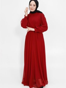 Bordo Kruvaze Yaka Şifon Kumaş Abiye Elbise