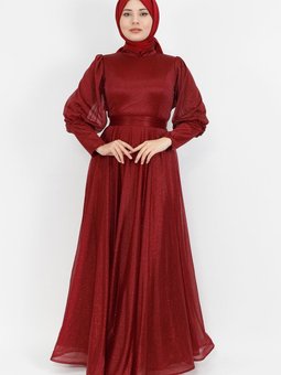 Bordo Simli Kumaş Kemeri Taşlı Abiye Elbise