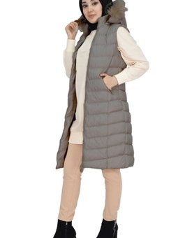 Gri Cep Fermuarlı Dolum Büyük Beden Şişme Yelek