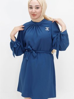 İndigo Kristal Kumaş Broşlu Tunik