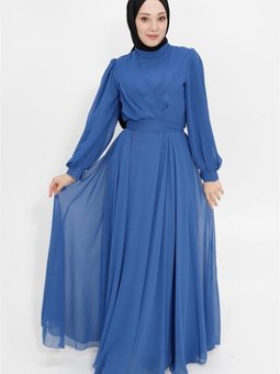 İndigo Kruvaze Yaka Şifon Kumaş Abiye Elbise