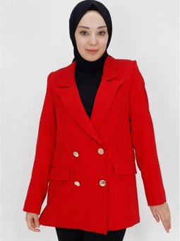 Kırmızı Sahte Cep Detaylı Kısa Boy Kruvaze Yaka Blazer Ceket
