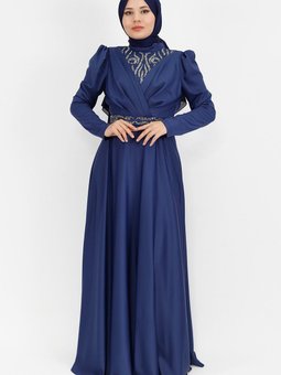 Lacivert Kruvaze Yaka Görünümlü Taş Baskılı Saten Kumaş Abiye Elbise