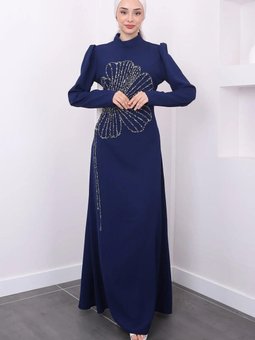 Lacivert Nursema Taşlı Krep Abiye Elbise
