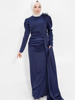 Lacivert Omuzu Taşlı Pelerinli Saten Kumaş Abiye Elbise