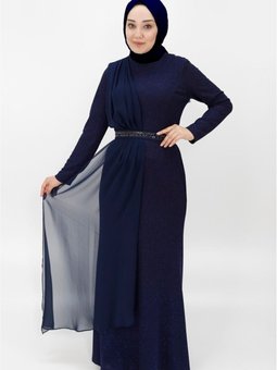 Lacivert Simli Kumaş Pelerinli Abiye Elbise