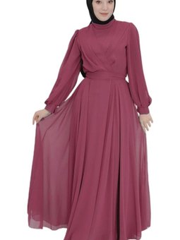 Mor Kruvaze Yaka Şifon Kumaş Abiye Elbise