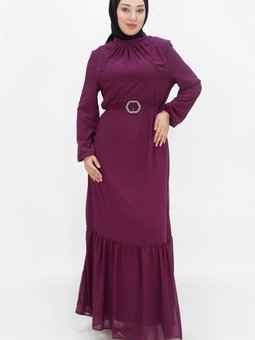 Mor Şifon Kumaş Balon Kol Abiye Elbise