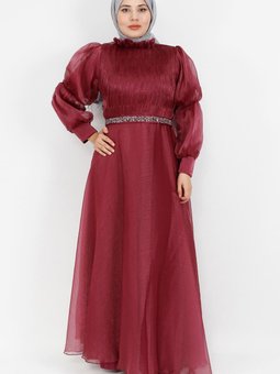 Mürdüm Dalya Kumaş Kemeri Taşlı Abiye Elbise