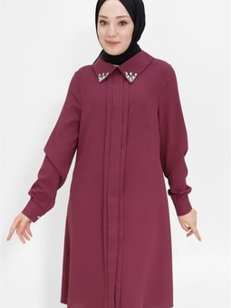 Mürdüm Yaka Ucu Taşlı Krep Kumaş Tunik