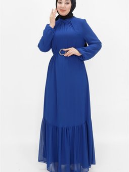 Saks Mavisi Şifon Kumaş Balon Kol Abiye Elbise