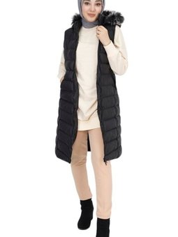 Siyah Cep Fermuarlı Dolum Büyük Beden Şişme Yelek