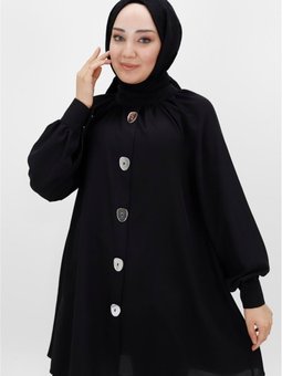 Siyah Jessıca Kumaş Ayna Düğme Detaylı Tunik
