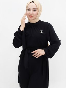 Siyah Kristal Kumaş Broşlu Tunik