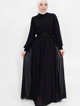Siyah Kruvaze Yaka Şifon Kumaş Abiye Elbise