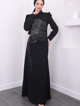 Siyah Nursema Taşlı Krep Abiye Elbise