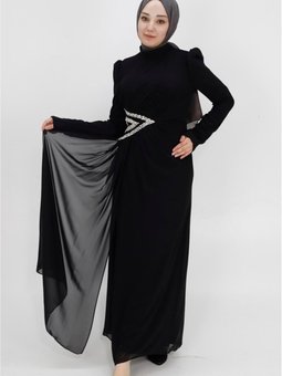 Siyah Şifon Kumaş Beli Taş Detaylı Abiye Elbise