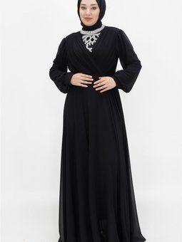 Siyah Şifon Kumaş Kruvaze Yaka Görünümlü Taşlı Abiye Elbise