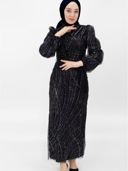 Siyah Simli Tül Kumaş Balon Kol Abiye Elbise