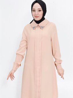 Taş Yaka Ucu Taşlı Krep Kumaş Tunik