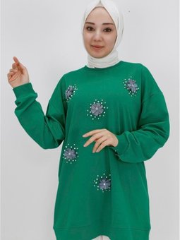 Yeşil İp Kumaş Taş Ve Boncuk Detaylı Sweatshirt