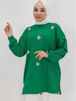 Yeşil İp Kumaş Taş Ve İnci Detaylı Sweatshirt