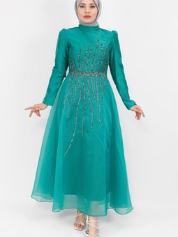 Yeşil Tül Kumaş Önü Taş Detaylı Abiye Elbise