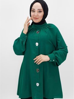 Zümrüt Yeşili Jessıca Kumaş Ayna Düğme Detaylı Tunik