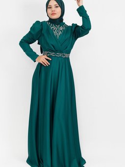 Zümrüt Yeşili Kruvaze Yaka Görünümlü Taş Baskılı Saten Kumaş Abiye Elbise