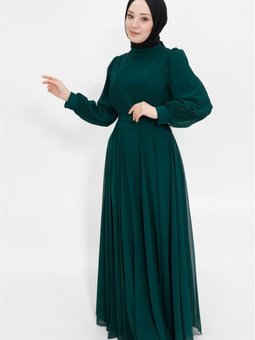 Zümrüt Yeşili Kruvaze Yaka Şifon Kumaş Abiye Elbise