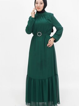Zümrüt Yeşili Şifon Kumaş Balon Kol Abiye Elbise
