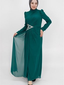 Zümrüt Yeşili Şifon Kumaş Beli Taş Detaylı Abiye Elbise