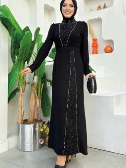 3870 Taşlı Krep Dantel Elbise Siyah