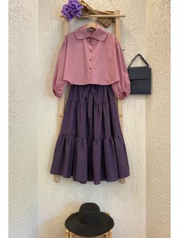 Bebe Yaka Crop Gömlek & Mor Siyah Pötikare Kat Kat Etek Gül Kurusu Takım