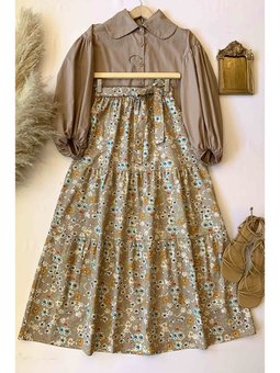 Desenli Kat Kat Etek & Balon Kol Crop Gömlek Vizon Takım