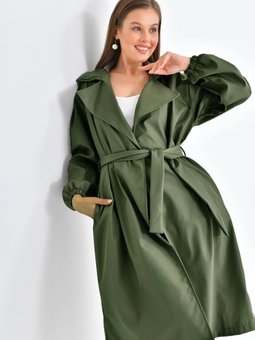 Belden Bağlamalı Krem Balon Kol Trenç