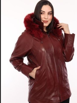 Bordo Hakiki Deri Yaka Kürklü Ceket
