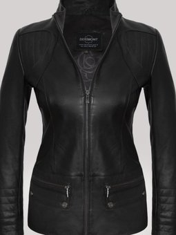 Siyah Hakiki Deri Cep Detaylı İşlemeli Fermuarlı Ceket