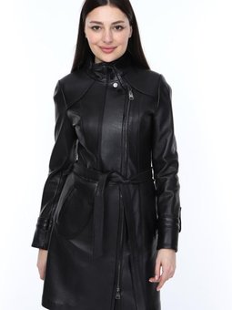 Siyah Hakiki Deri Kuşaklı Uzun Ceket