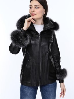 Siyah Hakiki Deri Yakası Ve Kolları Kürklü Ceket