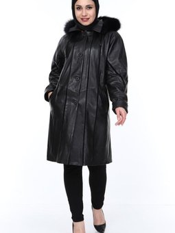 Siyah Hakiki Kuzu Derisi Kürklü Uzun Ceket