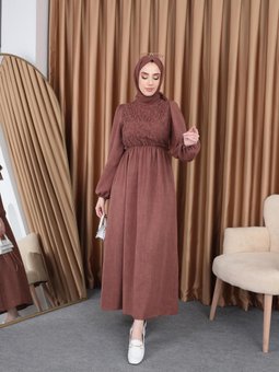 Önü Dantelli Elbise Kahve